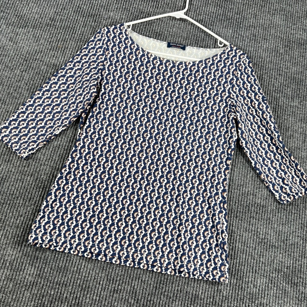 Saint James Top Womens Size 8 Navy Beige Geometric 3/4 Sleeve Made in France